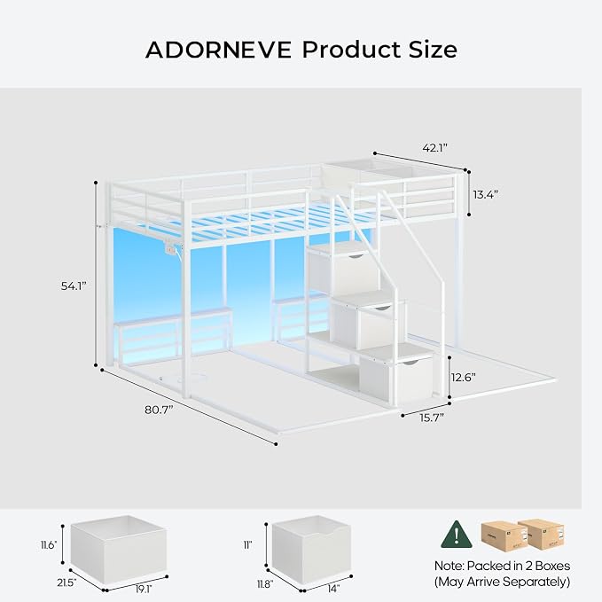ADORNEVE Triple Bunk Bed Twin Over Twin with Storage Staircase, White