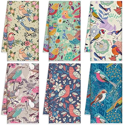 Redbaker 6 Pcs Bird Kitchen Towels Retro Floral Absorbent Dishcloth Set