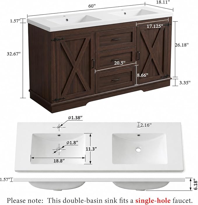 Cushore Double Sink Bathroom Vanity, 60 Inch Bathroom Vanity Double Sink with 2 Farmhouse Barn Doors & 3 Drawers, Dual Rounded Basins, Bathroom Vanity Sink Cabinet, Rustic Brown
