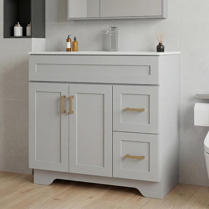 36 Inch Bathroom Vanity with Sink, Modern Wood Shaker Bathroom Vanity Cabinet with 2 Soft-Close Doors & 2 Drawers, Freestanding Bathroom Sink Storage Cabinet, Waterproof Painted Surface, Grey