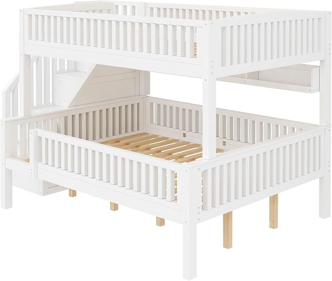 LUMISOL Full XL Over Queen Bunk Bed with Stairs, Solid Wood Bunk Bed Frame with LED Light and Bookshelf, White