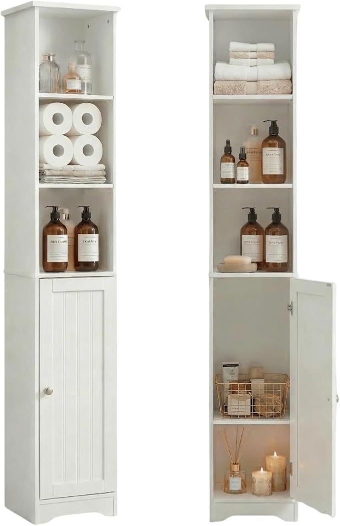 Bonnlo Narrow Cabinet, 67" Tall Slim Bathroom Storage Cabinet 12" Wide White Skinny Linen Cabinet with 3 Open Shelves Single Door Adjustable Shelf Space Saving Corner Pantry