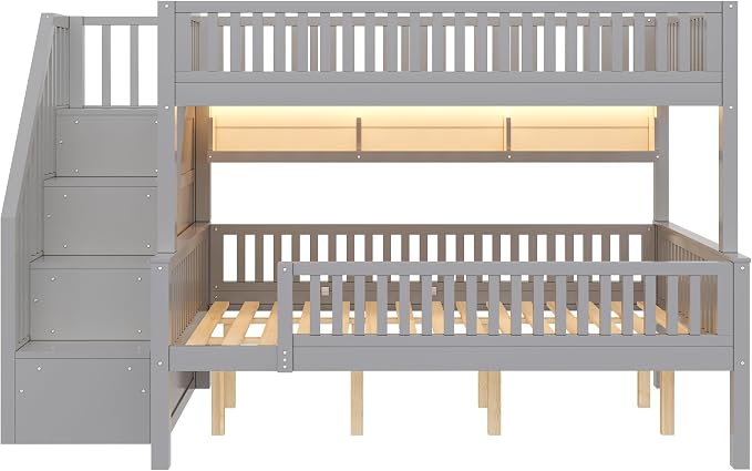 LUMISOL Full XL Over Queen Bunk Bed with Stairs, Solid Wood Bunk Bed Frame with LED Light and Bookshelf, Gray