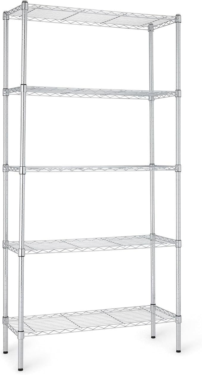 Amazon Basics 5-Shelf Adjustable Heavy Duty Steel Wire Rack, Space Saving Storage Shelving Organizer for Kitchen, Garage, No-Tool Assembly, 350 lbs Weight Capacity, 36" x 14" x 72", Chrome