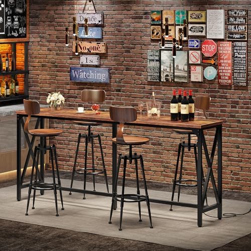 CHOEZON 70.9'' Bar Table, Kitchen Dining Table with Power Outlet and Footrest, Industrial Style, for Pub, Living Room, Rustic Brown and Black TBT08UBF