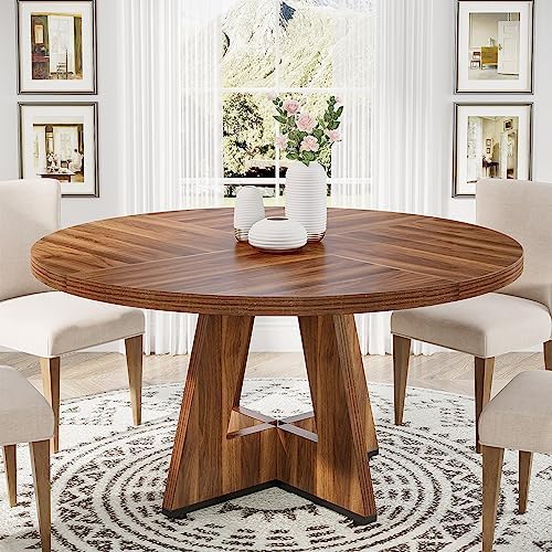 Tribesigns 47 inch Round Dining Table Wood Kitchen Table for Dining Room, 47" Dinner Room Tables for 4-6, Farmhouse Accent Furniture with Wooden Tabletop and Cross Base, Rustic Brown