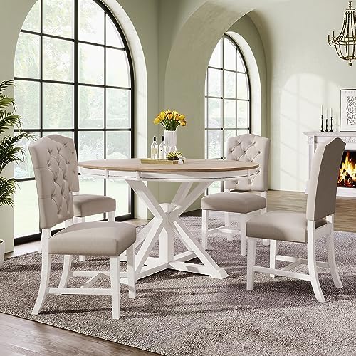 LUMISOL 5-Piece Solid Wood Dining Table Set for 4, Farmhouse Extendable Round Kitchen Table Set with 4 Upholstered Chairs for Kitchen, Dining Room, Living Room, Oak Natural Wood + Off White