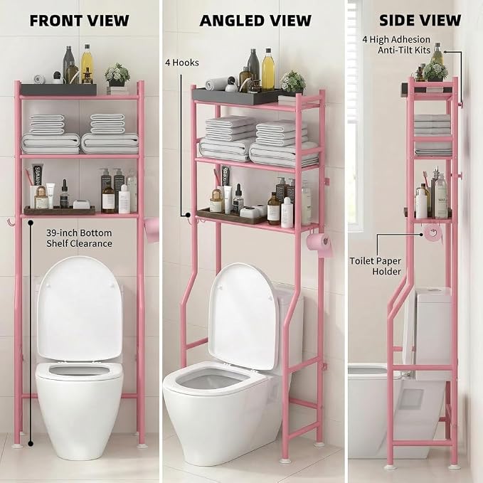 GloTika 3-Tier Over Toilet Storage, Anti-Tilt, 64" H, Pink | Anti-Tilt Safety System, 150lb Capacity, Carbon Steel, Freestanding, No Drilling, Anti-Rust Coating, Paper Holder & 4 Hooks