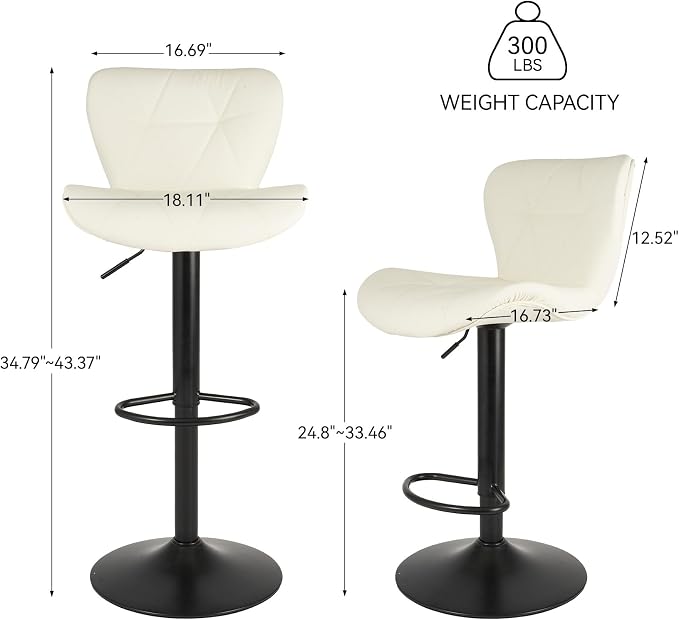 Nalupatio Modern Bar Stools Set of 2, Adjustable Faux Leather Upholstered Swivel Bar Stools, Counter Bar Chairs with Back for Kitchen Island, Cream White