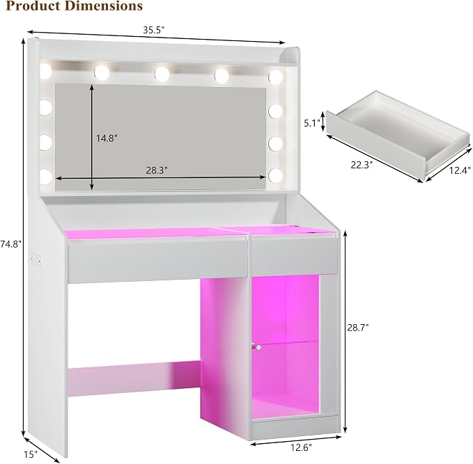 HUAHUU Vanity Desk with Mirror & RGB Lights, White Makeup Vanity Table with 2 Transparent Top Large Drawers & RGB Cabinet, Vanity Desk with LED Lighted Mirror 3 Colors, Power Outlets, Flip-up Drawer