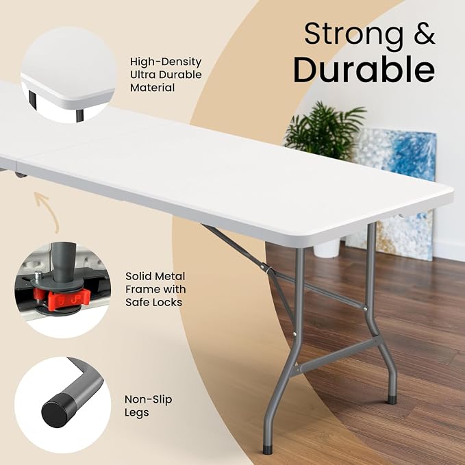 2 PACK of 8 Feet Foldable Table with Built in Handle & Steel Legs | 8 FT Heavy Duty Portable | Perfect for Party, Dining, Wedding, Events, Picnic Indoor, Outdoor, Camping, Temporary - 8 Foot