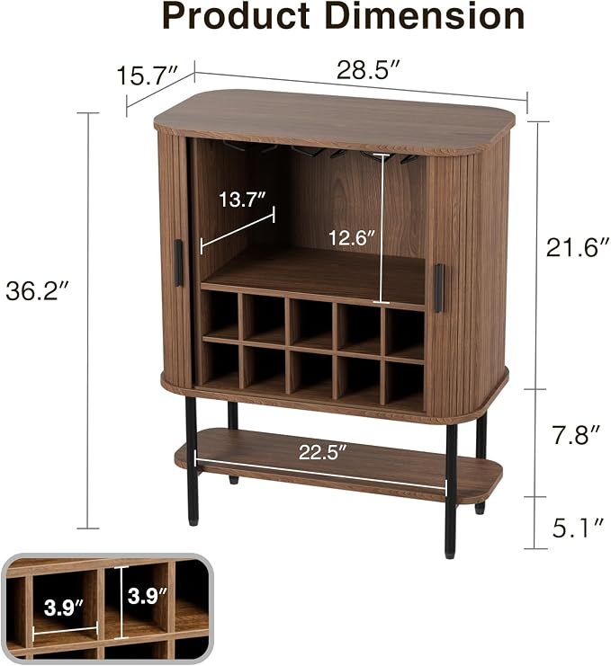 Coffee Bar Cabinet with Storage, Fluted Wine Cabinet with Sliding Doors