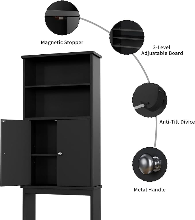 Shintenchi Over the Toilet Storage Cabinet, Bathroom Above the Toilet Rack, Bathroom Adjustable Shelf Organizer with Open Bottom Bar and Anti-Tip Device, Black
