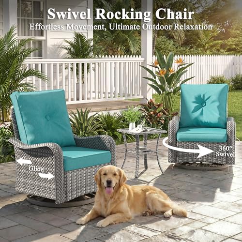 2-Seat Modern Patio Furniture Set with Swivel Rocking Chairs, Thick 4″ Cushions, Dual-Strand Wicker Rattan, Rust-Resistant Steel Frame – Outdoor Conversation & Modular Sectional,Blue