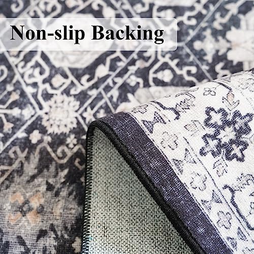 Washable 2x3 Entryway Area Rug: Vintage Soft Thin Door Mat with Non Slip Backing Water Resistant Carpet for Bedroom Low Pile Floor Mat for Kitchen Bathroom Easy Clean Rug for Family (2 X 3, Black)