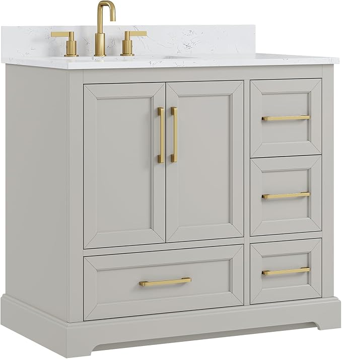 36 Inch Bathroom Vanity with Sink Combo, Greige | Solid Wood Frame with Marble Top & Backsplash & Ceramic Sink, Fully-Assembled with Soft-Closing Doors & 4 Dovetail Drawers