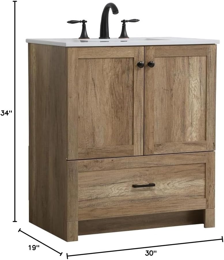30" Pre-Assembled Bathroom Vanity with Sink, Engineered Wood, Ivory White Engineered Marble Countertop Attached, Single Rectangle Porcelain Sink, 1 Soft-Close Drawers, Natural Oak