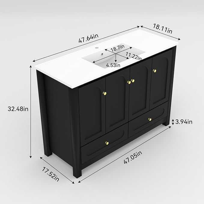 LUMISOL 48" Bathroom Vanity with Sink, Modern Single Bathroom Vanity with 4 Soft-Closing Doors & 2 Drawers, 48" Bathroom Storage Cabinet with Resin Basin, Black