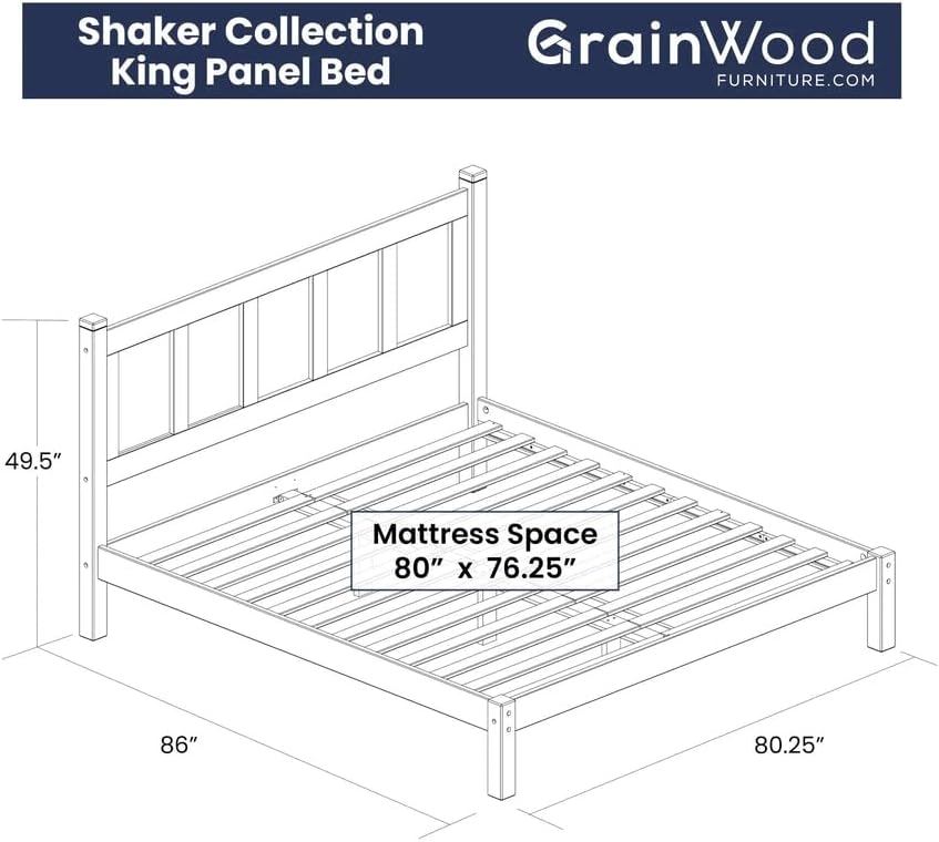 Grain Wood Furniture Shaker Solid Wood Panel Platform Bed, King Size, Natural