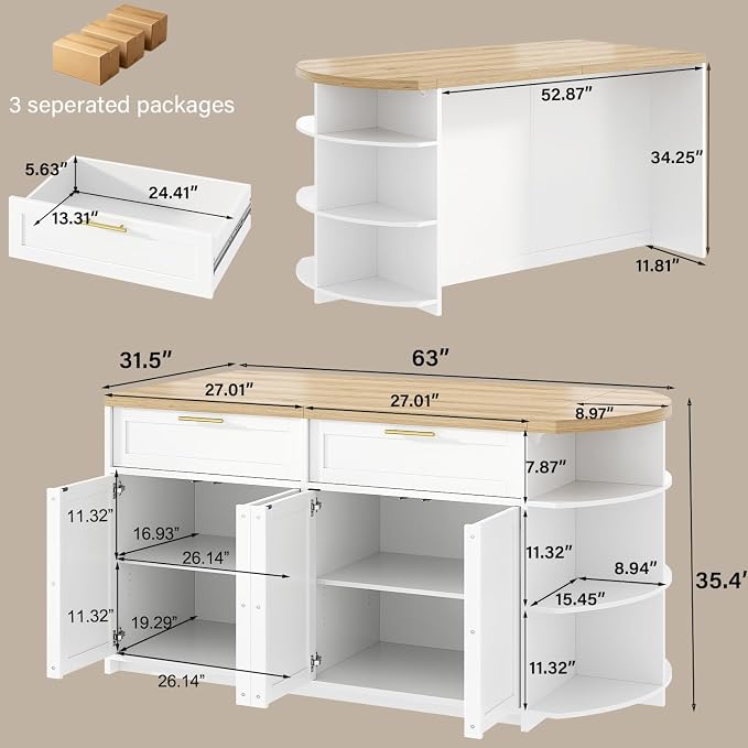 HSH 63 Inch Large Kitchen Island with Storage and Seating, Light Oak