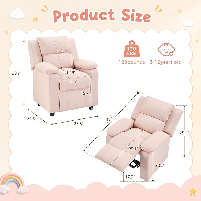 CANMOV Kids Push Back Recliner Chair, Pink Faux Leather Toddler Sofa.