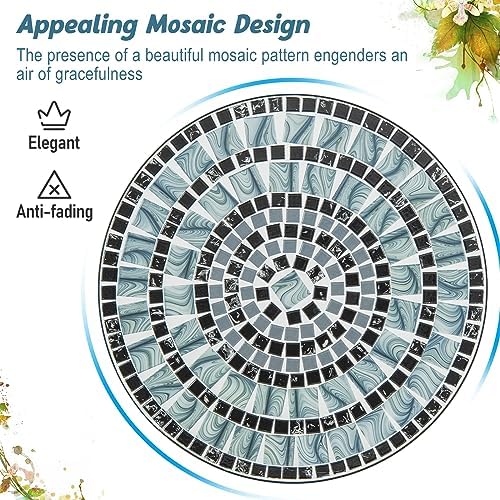 GIANTEX 24 Inch Patio Bistro Table, Mosaic Round Table w/Ceramic Tile Tabletop, Heavy-Duty Metal Structure, Outdoor Dining Table for Backyard, Garden, Porch (Blue & Black (Sun Pattern))