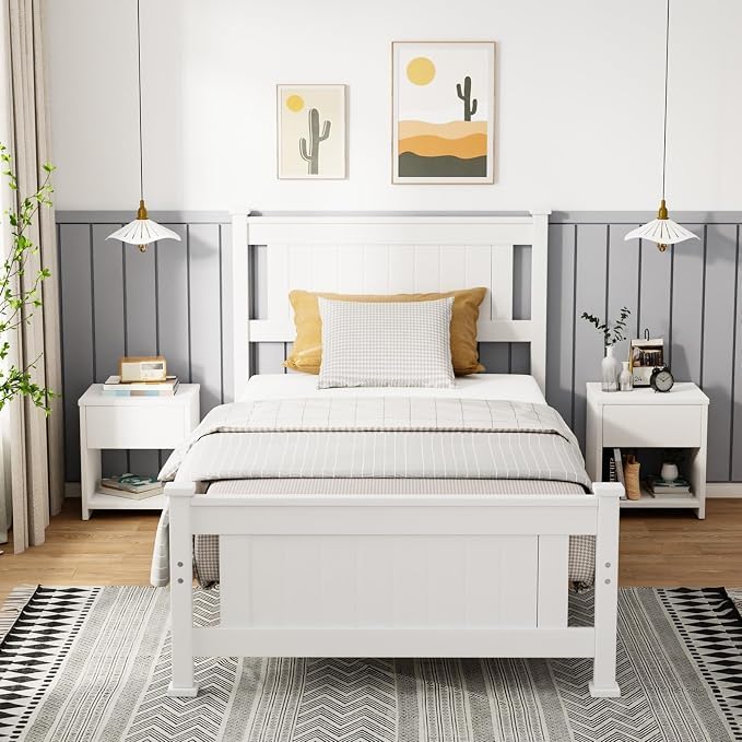 Bonnlo Twin Size Solid Wood Platform Bed Frame, Single Bed with Headboard, No Box Spring Needed Panel Bed, Wood Slat Support Mattress Foundation, White