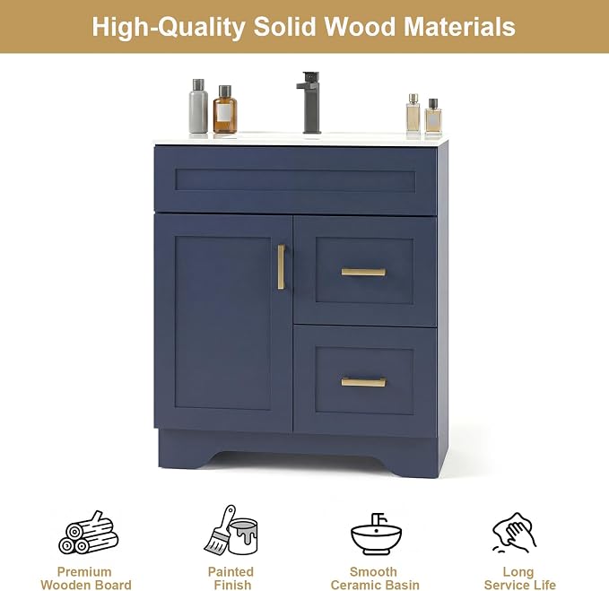 30 Inch Bathroom Vanity with Sink, Modern Shaker Bathroom Sink Cabinet with Soft-Close Door & 2 Drawers, Wood Freestanding Bathroom Storage Cabinet with Ceramic Basin, Navy Blue