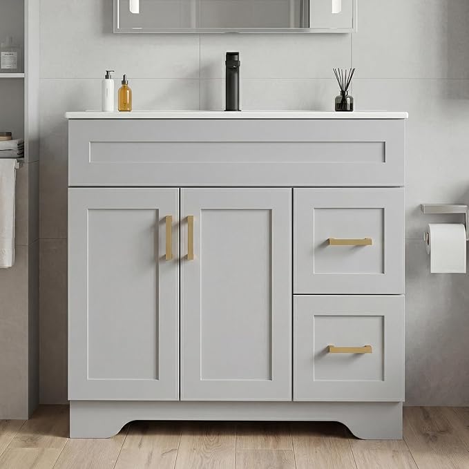 36 Inch Bathroom Vanity with Sink, Modern Wood Shaker Bathroom Vanity Cabinet with 2 Soft-Close Doors & 2 Drawers, Freestanding Bathroom Sink Storage Cabinet, Waterproof Painted Surface, Grey