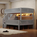 LUMISOL Full XL Over Queen Bunk Bed with Stairs, Solid Wood Bunk Bed Frame with LED Light and Bookshelf, Gray