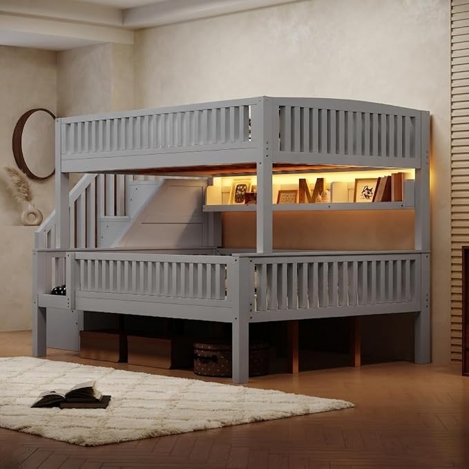 LUMISOL Full XL Over Queen Bunk Bed with Stairs, Solid Wood Bunk Bed Frame with LED Light and Bookshelf, Gray