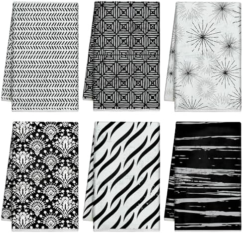 Redbaker 6 Pcs Black White Art Line Hand Towels Abstract Geometric Kitchen