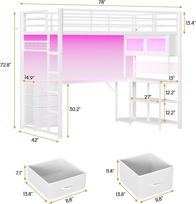 ADORNEVE Gaming Loft Bed Twin with Desk & RGB Arcylic Hutch, White
