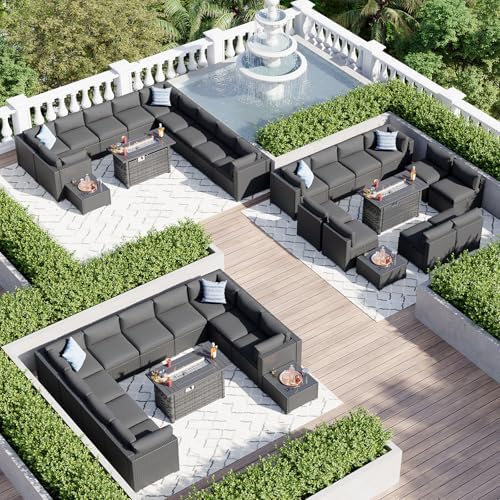 Aoxun 15 Piece Patio Furniture Set with 44” Fire Pit Table Wicker Patio Sectional Sofa Set Outdoor Seating Furniture with Thickened Cushion, Black