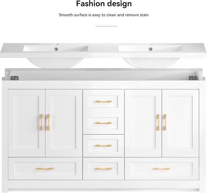 LUMISOL 60 Inch Double Sink Bathroom Vanity, Wooden Freestanding Bathroom Vanity with Soft-Closing Doors and 4 Storage Drawers, 60” Bathroom Cabinet with Resin Sink, White