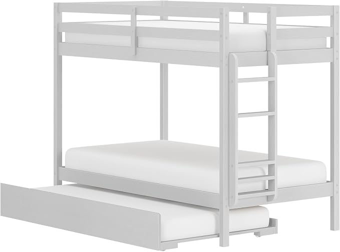 Grain & Grove Bear Twin Over Twin Bunk Bed with Trundle Bed, Sturdy Bunk Bed Frame for Kids, Plywood Bunk with Ladder, Guardrail, and Slats, No Box Spring Required, Brushed White