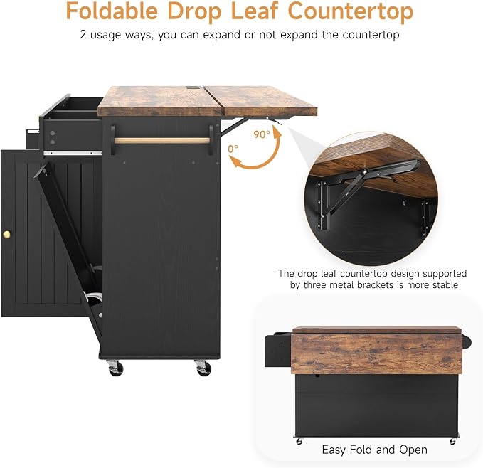 ONBRILL 60" Kitchen Island with Trash Can Storage, Black+Rustic Brown