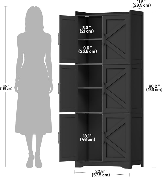 Akxomel Tall Bathroom Floor Cabinet with 6 Barn Door 60.2''H Pantry Black | 11.6''D x 22.6''W Linen Storage Cabinet with Adjustable Shelves, for Kitchen, Living Room, Entryway
