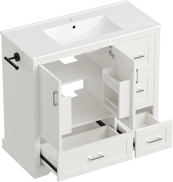 LUMISOL 42 Inch Bathroom Vanity with Ceramic Sink, Freestanding Bathroom Vanity with 4 Storage Drawers, 2 Soft Close Doors, Adjustable Shelf and Door Rack, White