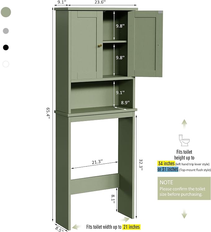 Over the Toilet Storage Cabinet, Bathroom Storage Organizer Over Toilet, Space Saver W/Adjustable Shelf & Open Shelf, Green