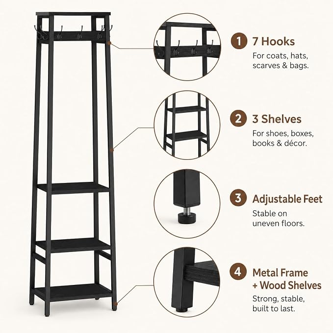 Coat Rack Freestanding with 3 Shelves and 7 Hooks