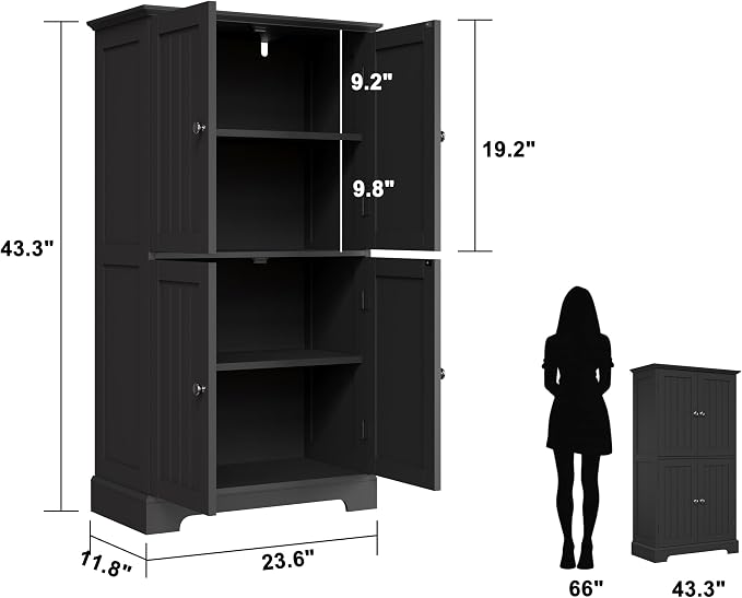 ChooChoo Bathroom Floor Cabinet with Adjustable Shelves | Bathroom Storage Cabinet, 4 Doors, Freestanding Cupboard for Living Room, Black
