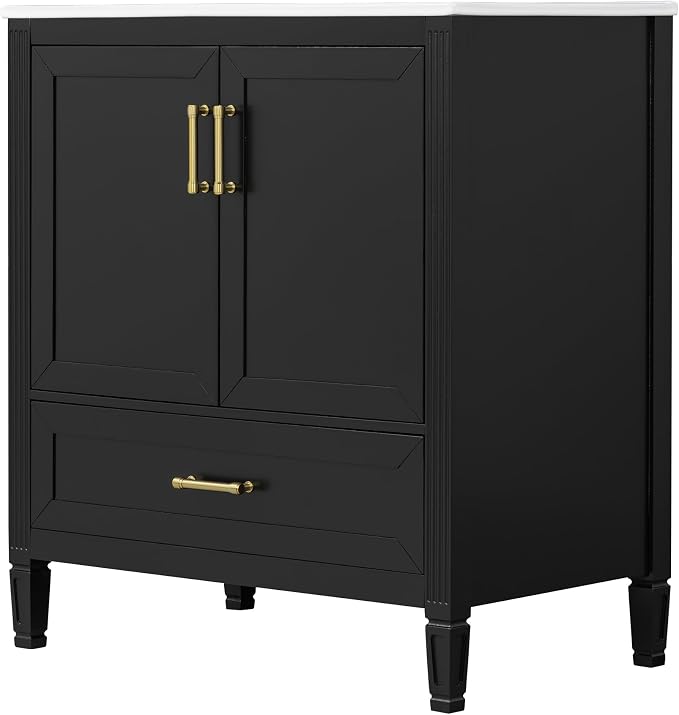 Merax 30" Bathroom Vanity with Undermount Ceramic Sink, Cabinet with Two Door Rack Shelves and One Drawer, Soft Closing Doors, Black