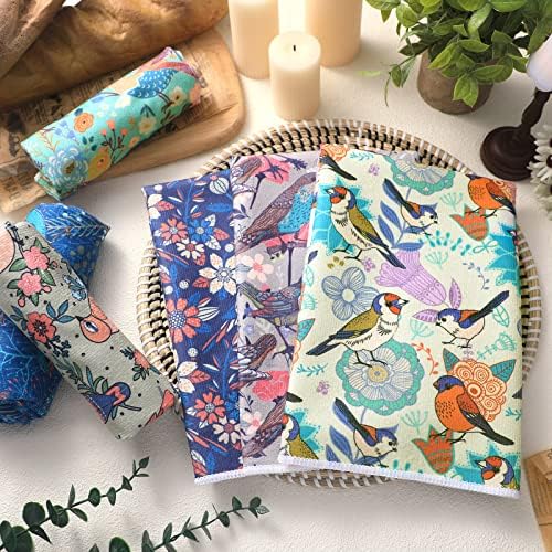 Redbaker 6 Pcs Bird Kitchen Towels Retro Floral Absorbent Dishcloth Set