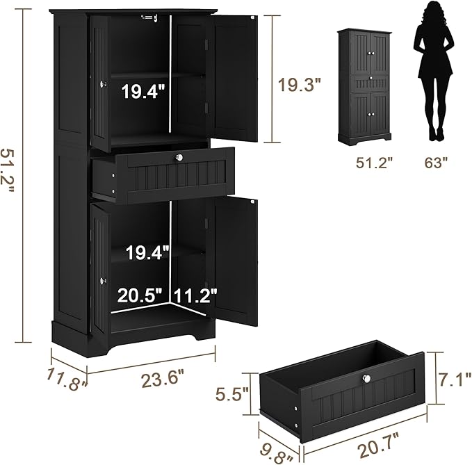 ChooChoo 51" H Bathroom Floor Cabinet with Drawers and Adjustable Shelves | Bathroom Storage Cabinet, Freestanding Kitchen Pantry Cupboard with 4 Doors for Living Room, Black