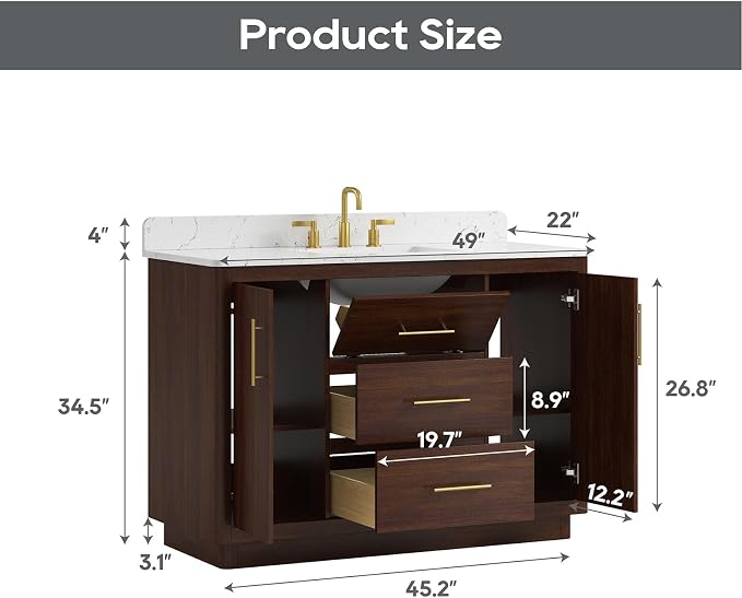 48 Inch Bathroom Vanity with Sink, Fully-Assembled, Warm Elm | Solid Wood Frame, Carrara Engineered Stone Top and Backsplash, Ceramic Sink, Soft-Close Doors and 3 Full-Extension Drawers