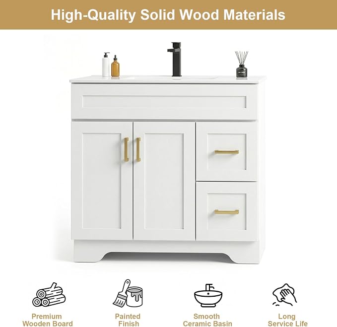 36 Inch Bathroom Vanity with Sink, Modern Wood Shaker Bathroom Vanity Cabinet with 2 Soft-Close Doors & 2 Drawers, Freestanding Bathroom Sink Storage Cabinet, Waterproof Painted Surface, White