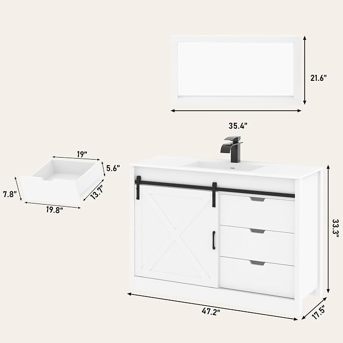 chartustriable 47 Inch Bathroom Vanity with Sink & Faucet & Mirror, Farmhouse Bathroom Vanity Cabinet Set with Sliding Barn Door & Drawers, Large Single Bath Storage Vanity Sink, White