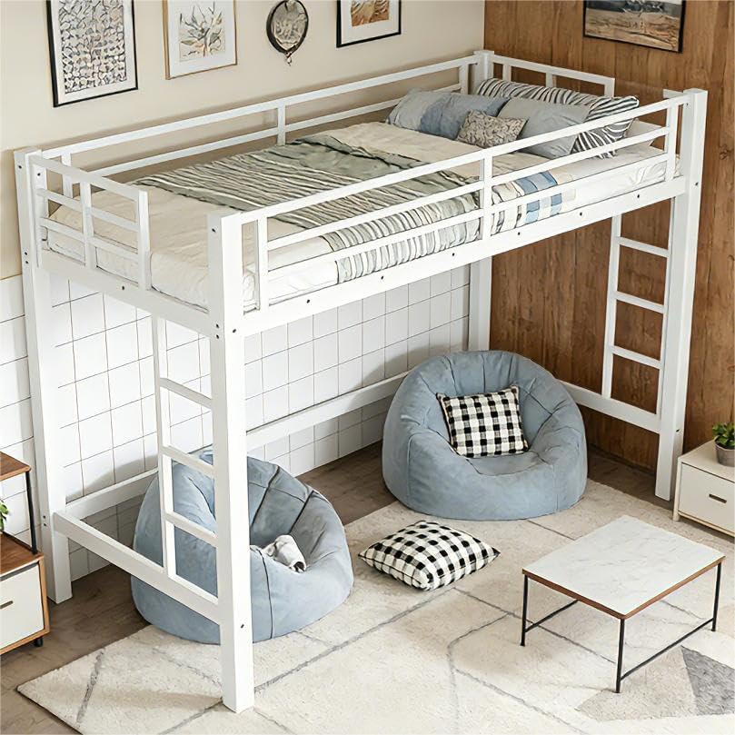 Bellemave Twin XL Size Loft Bed Frame with 2 Ladder, Sturdy Metal Construction & High Guardrail, Space Saving Twin XL Loft Bed for Kids, No Box Spring Needed, Safe for Adults, Teens, Dorms, White