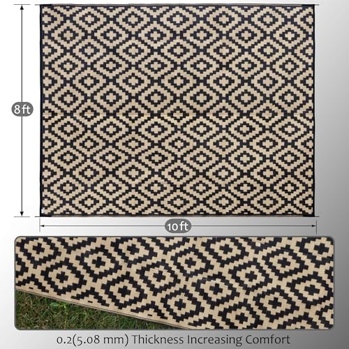 SAND MINE Waterproof Outdoor Rug 8x10 ft, Plastic Reversible Rug, Modern Area Rug, Large Floor Mat for Outdoors, RV, Patio, Backyard, Deck, Picnic, Beach, Camping, Black & Beige